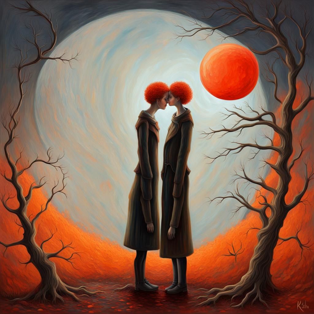 Surreal Gothic Painting of Kissing Figures Under Red Moon