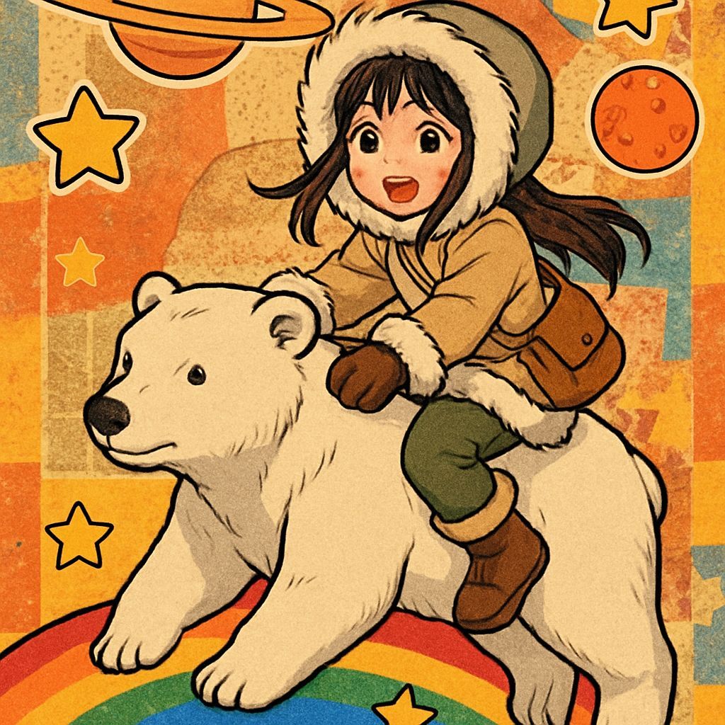 Eskimo Girl Rides Polar Bear on Rainbow Cosmic Adventure