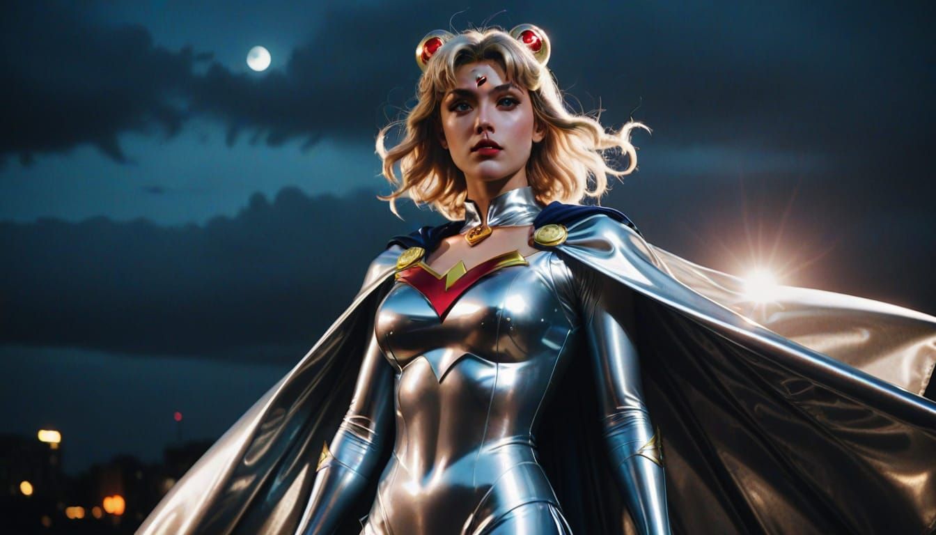 Heroic Sailor Moon in Shimmering Silver Latex
