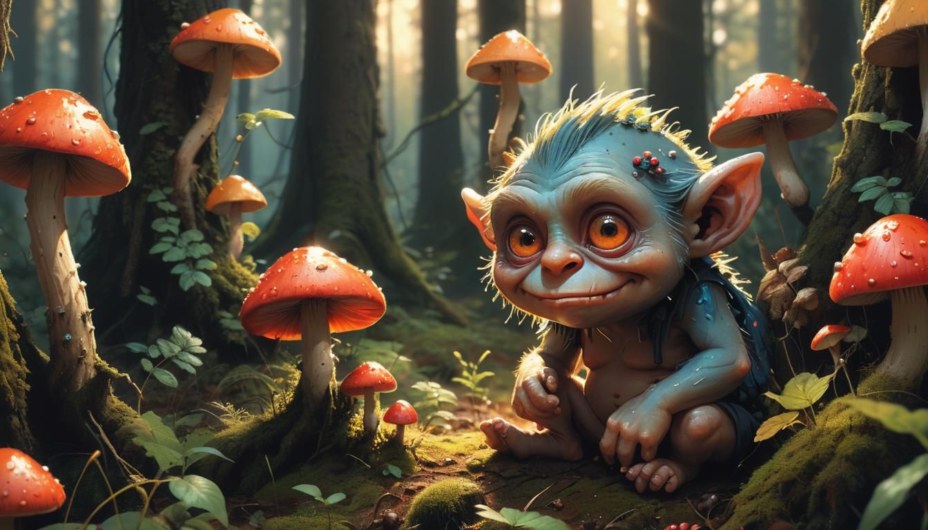 Cute Troll of the forest overgrown with mushrooms and berrie...