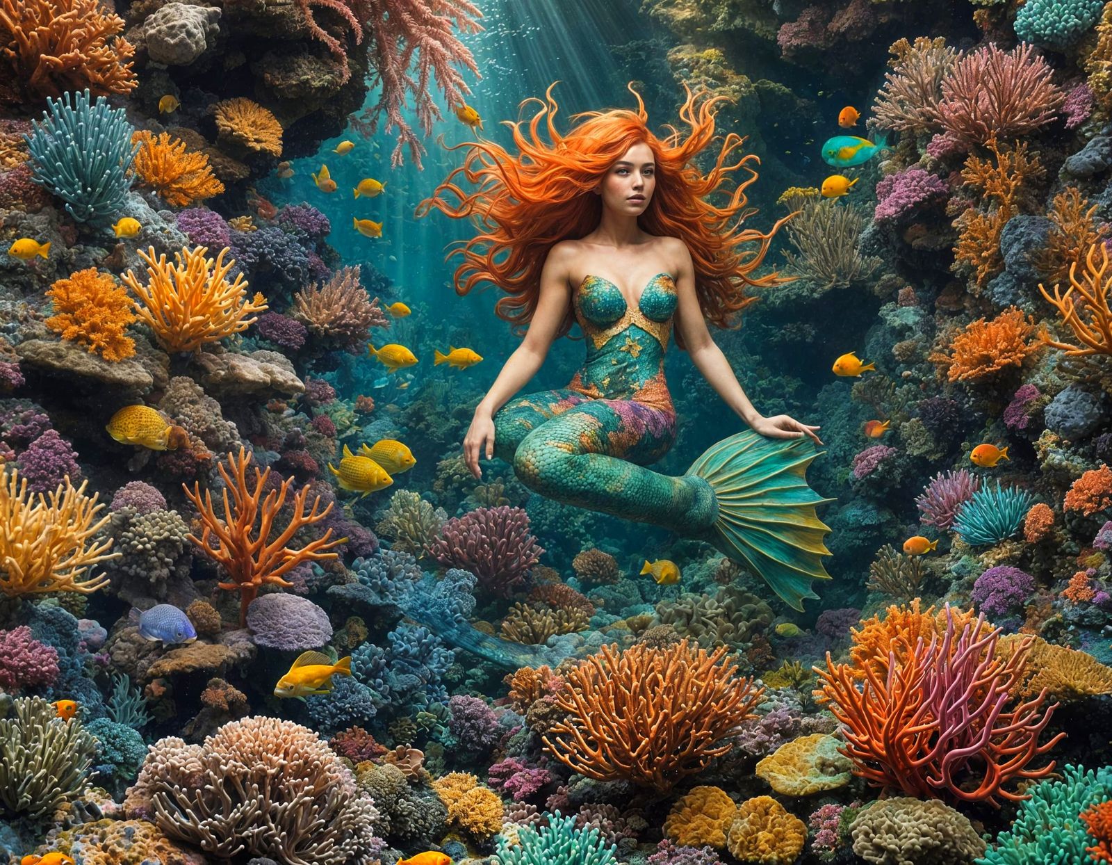 Mermaid Blends With Coral Reef in Underwater World