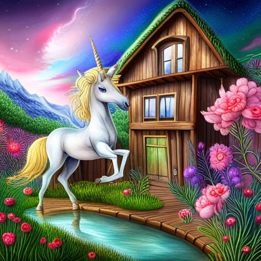 Watercolor Unicorn with Magic Flowers and Elves