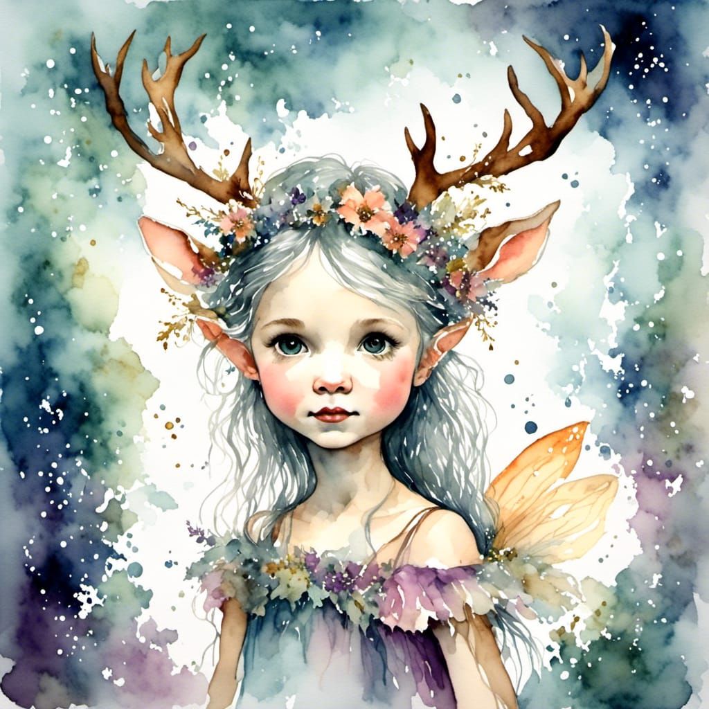 Watercolor Fairy Adorned with Moose Antlers