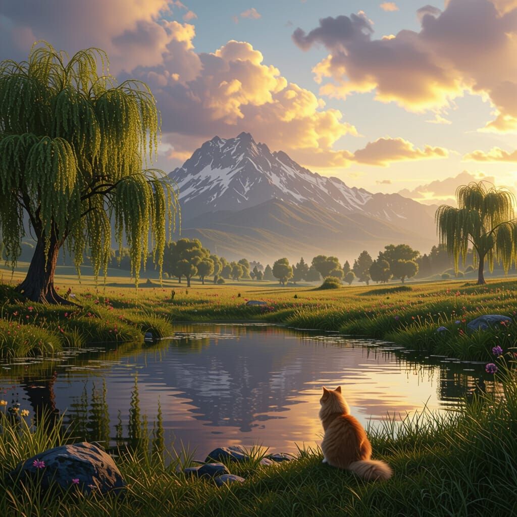 Fantastical Rural Landscape with Cat and Mountains