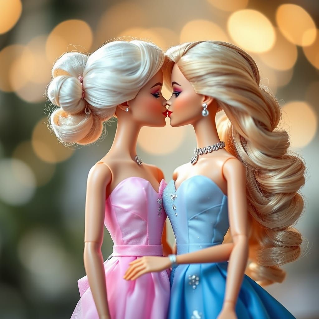 Barbie Dolls Share a Tender Kiss in Natural Lighting
