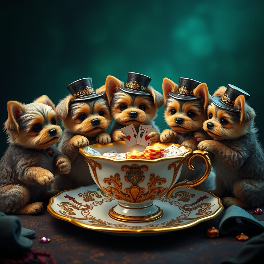 Dogs Playing Poker in a Whimsical Teacup Setting