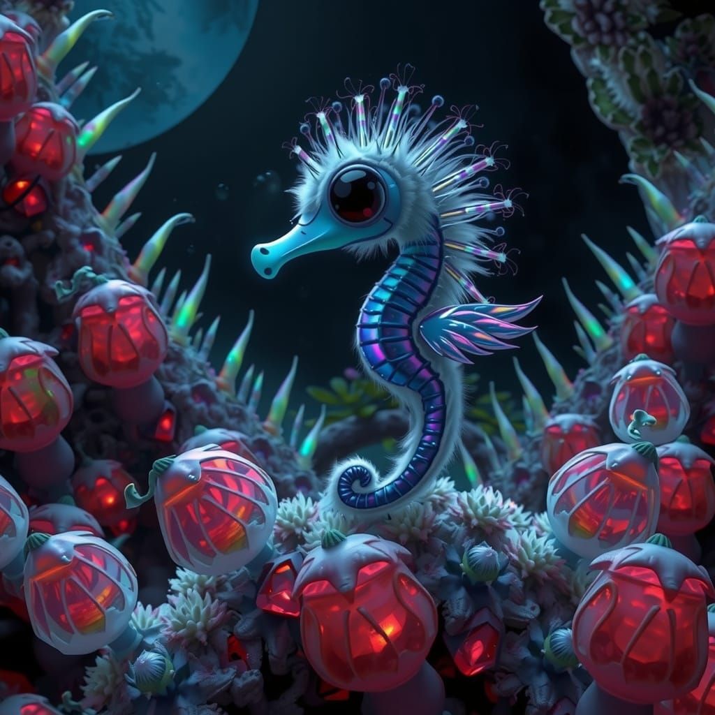 Iridescent Seahorse with Wings in Crystal Cave