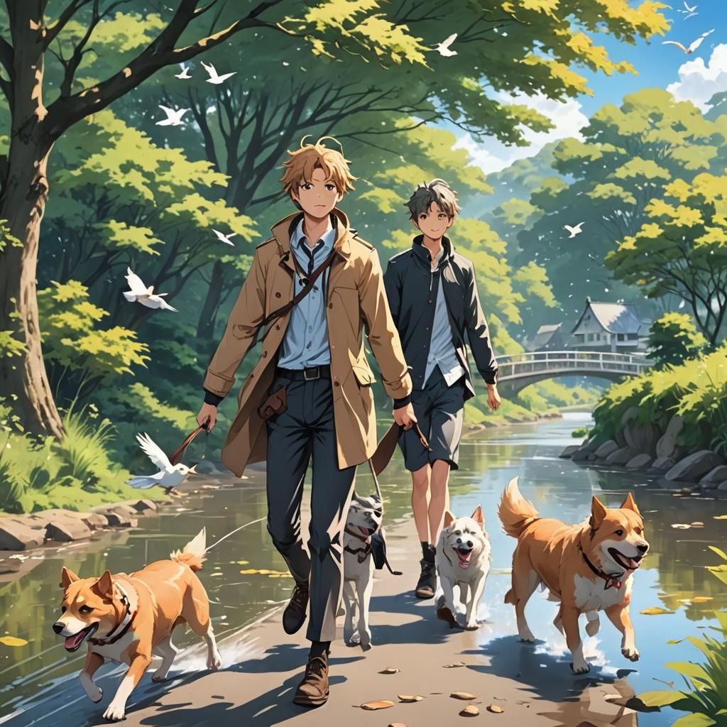 Gay Couple Stroll with Dogs: Anime Style