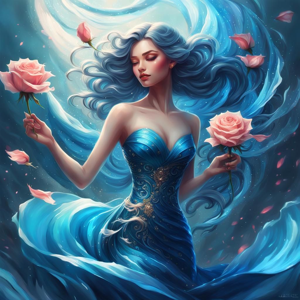 a woman in a blue dress