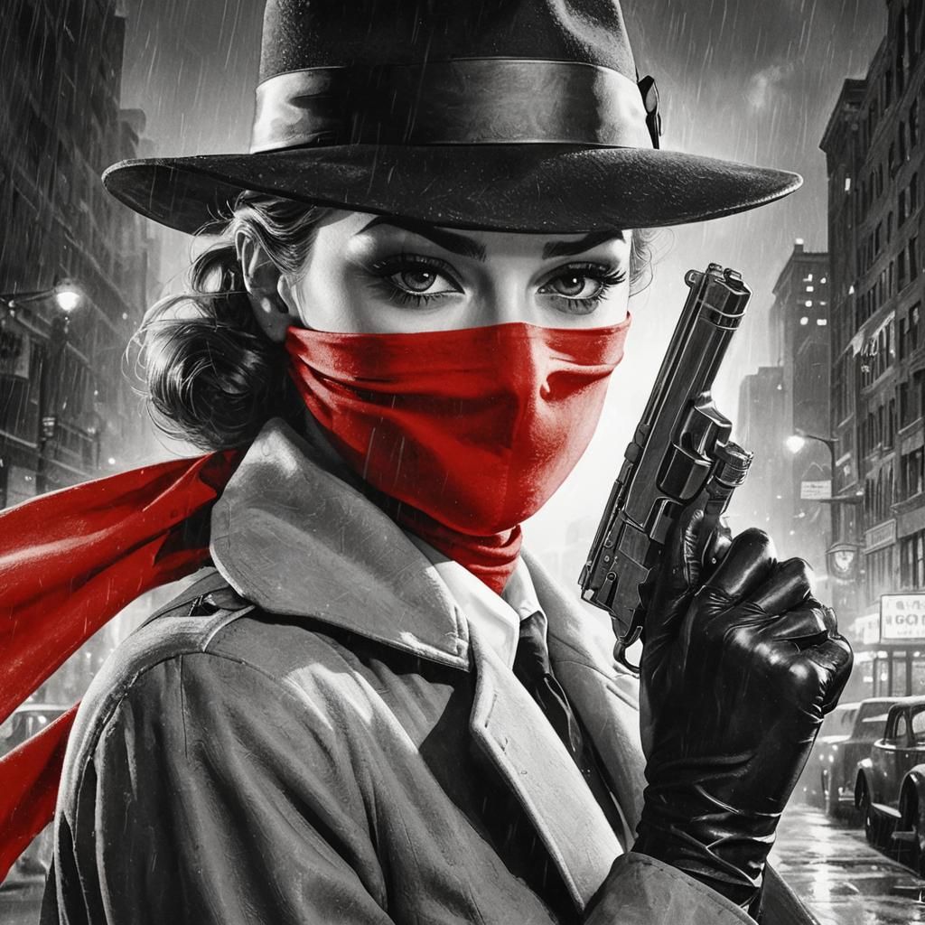 Female Detective in Noir City with Red Scarf