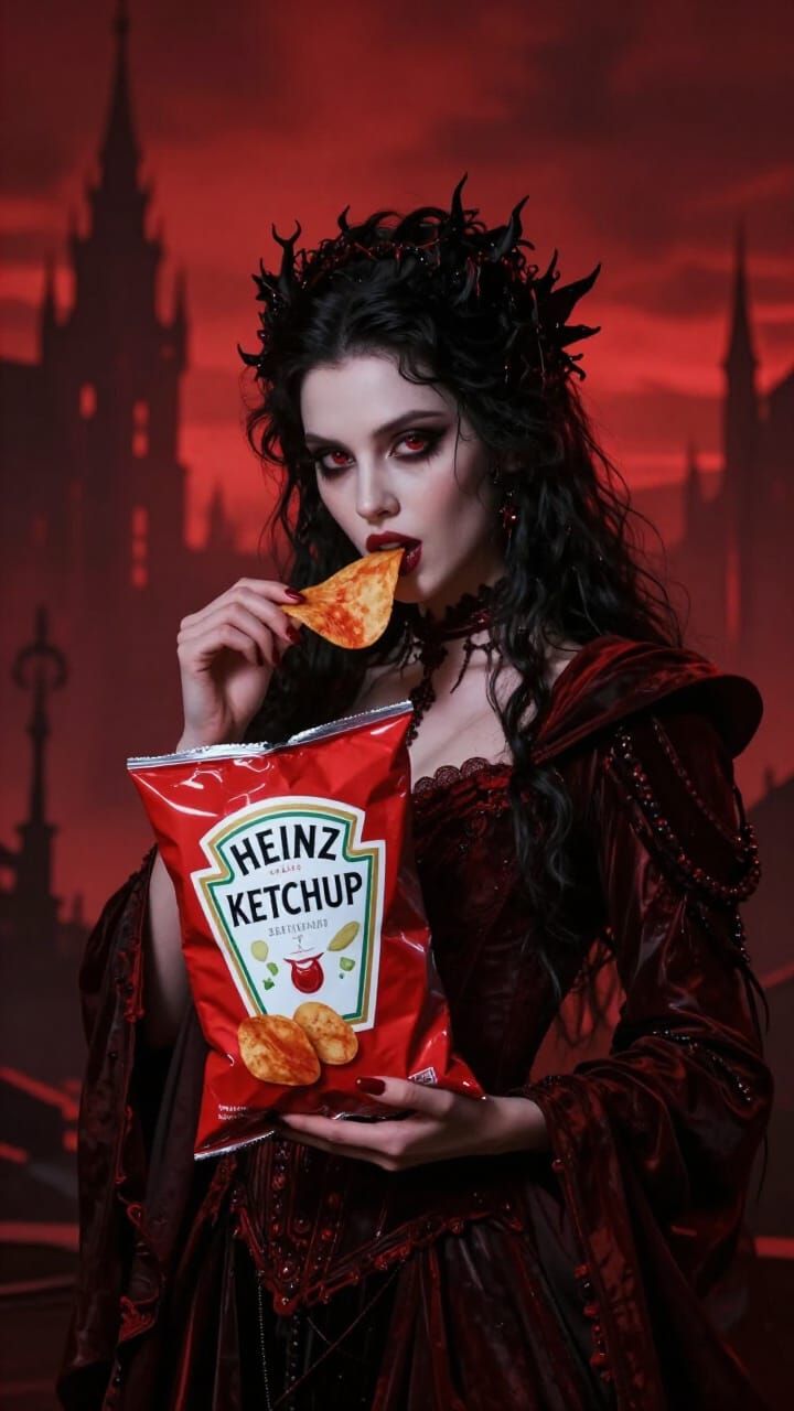 Elizabeth Bathory Eating Ketchup Chips Under Crimson Skies