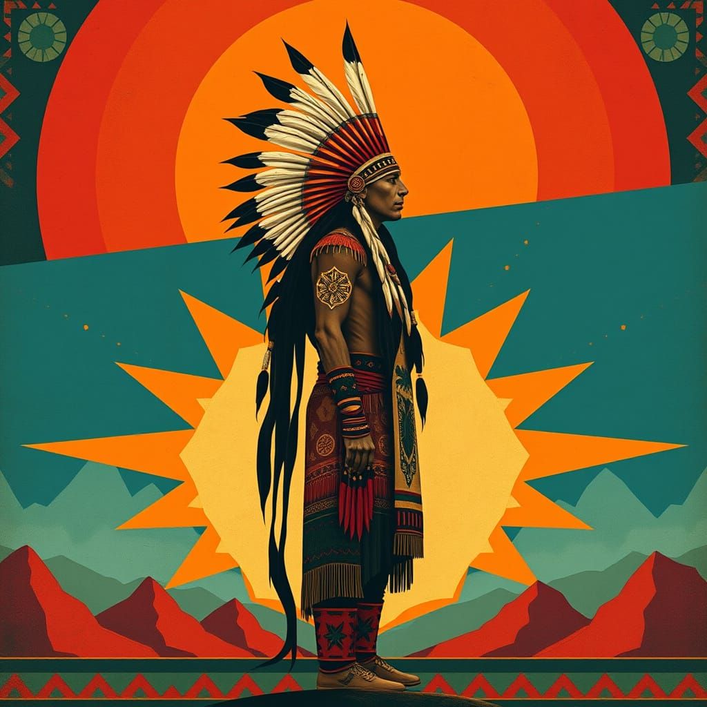 Surreal Art Deco Native American Figure in Oranges and Golds