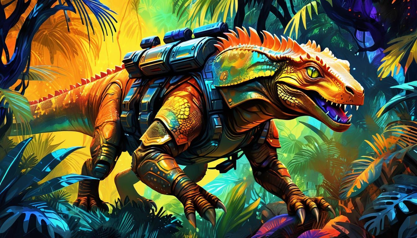 Armored Alien Riding Dragon in Vibrant Sci-Fi Jungle