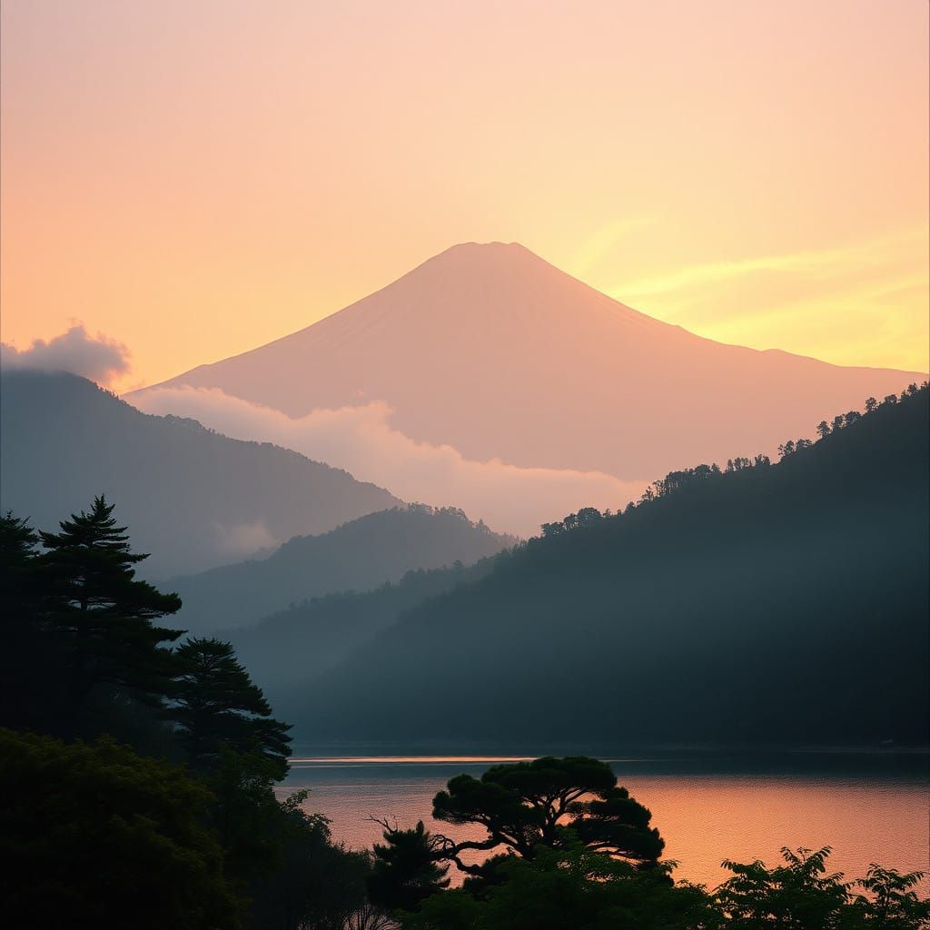 Majestic Japanese Dawn Landscape with Mount Fuji