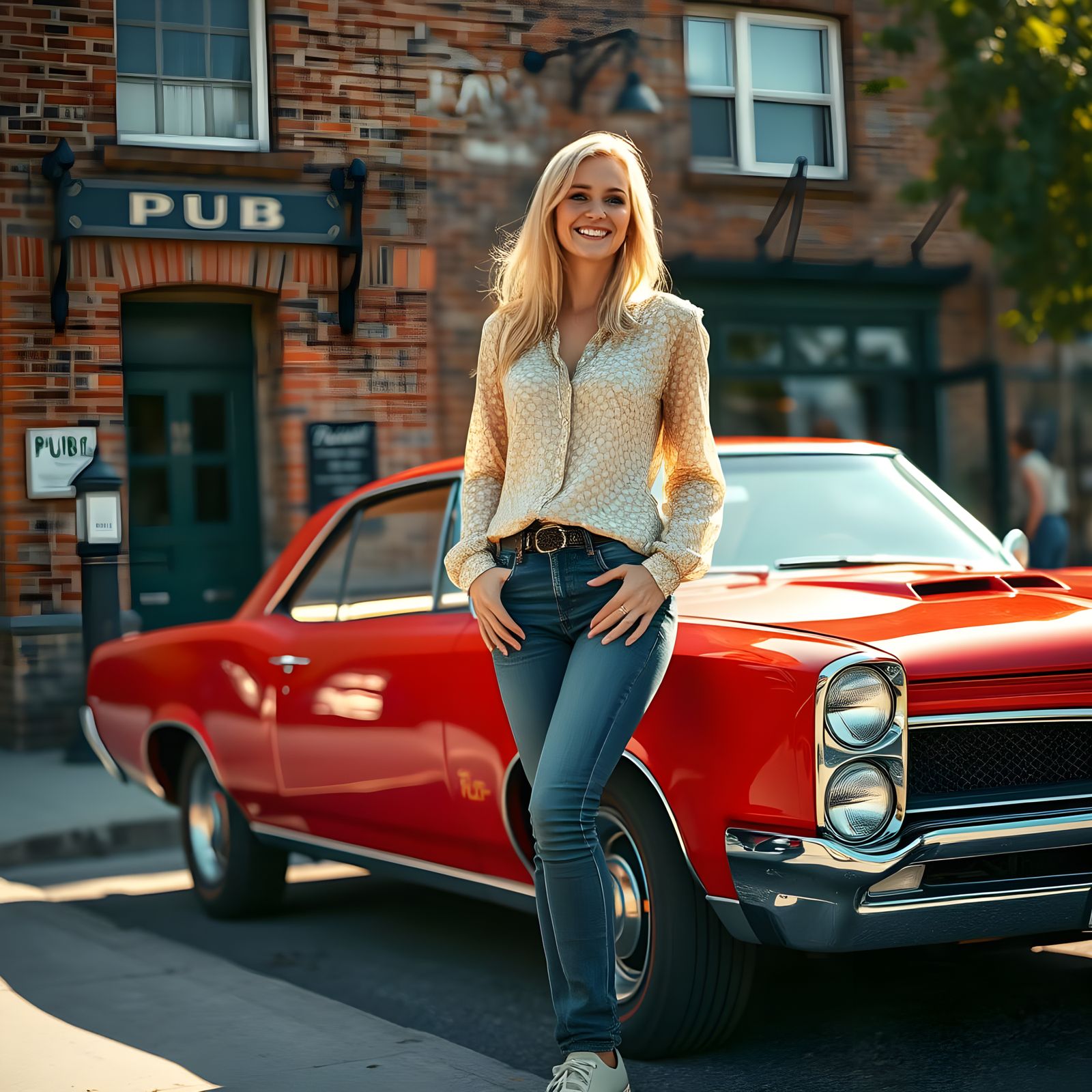 A Blonde Woman Smiles in a Cozy Pub Setting, Surrounded by R...