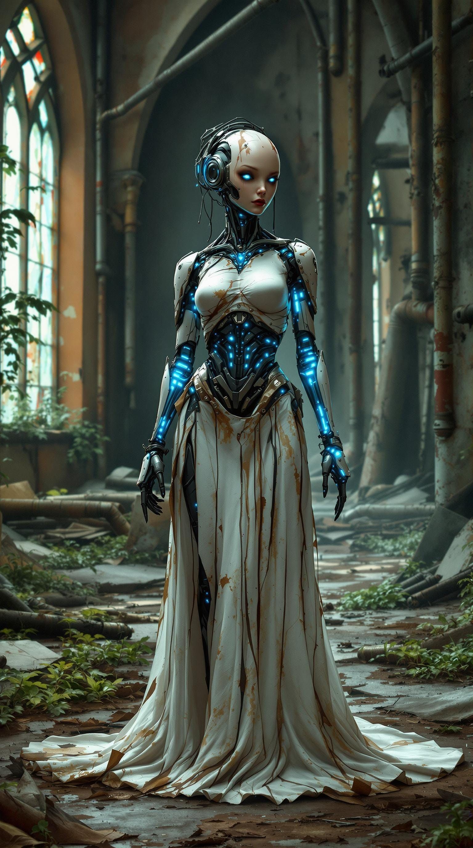 Cyborg Bride in Post-Apocalyptic Ruins, in a Dynamic, Sci-Fi...