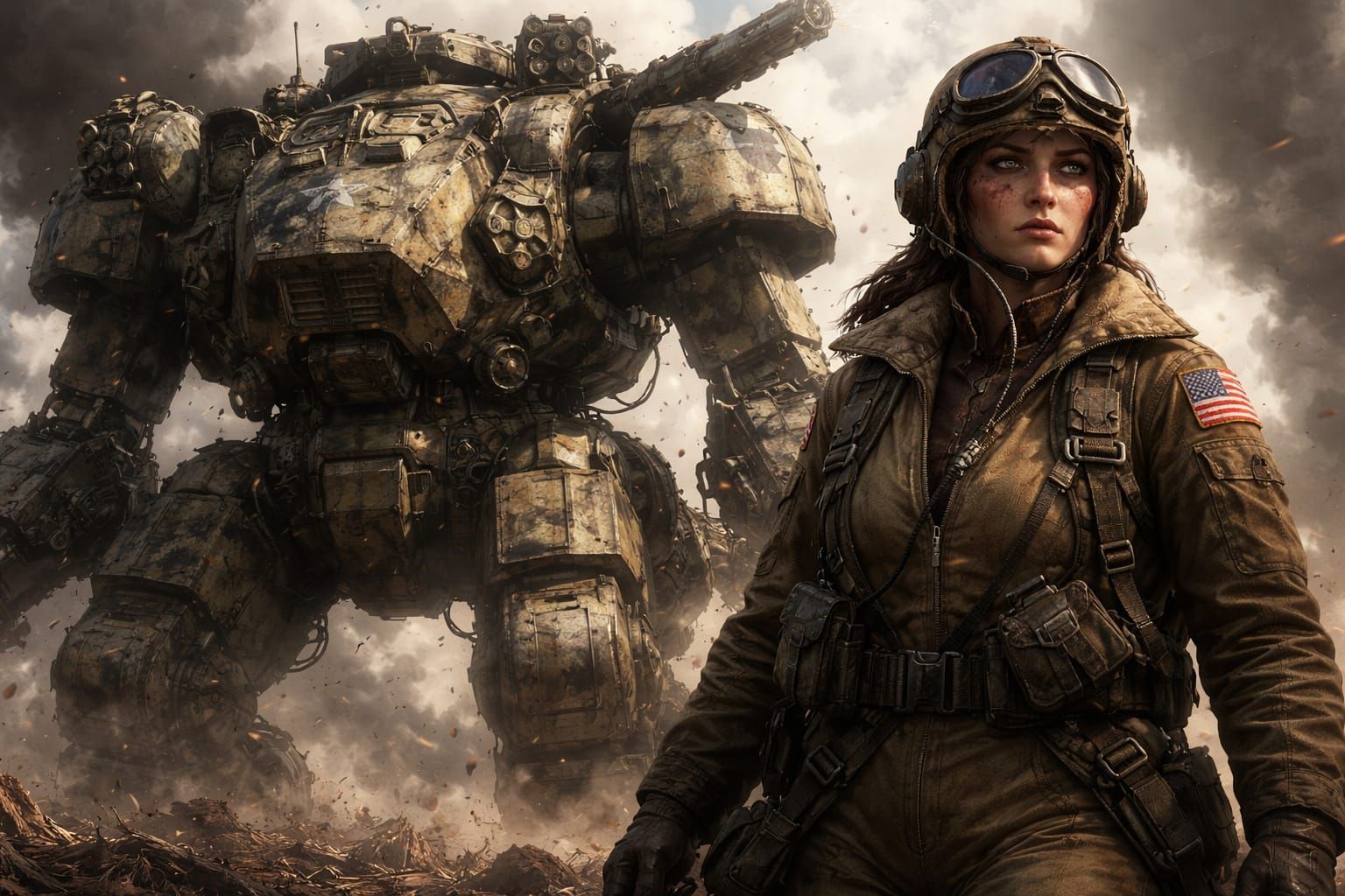 Dieselpunk Mech and Pilot on Chaotic Battlefield
