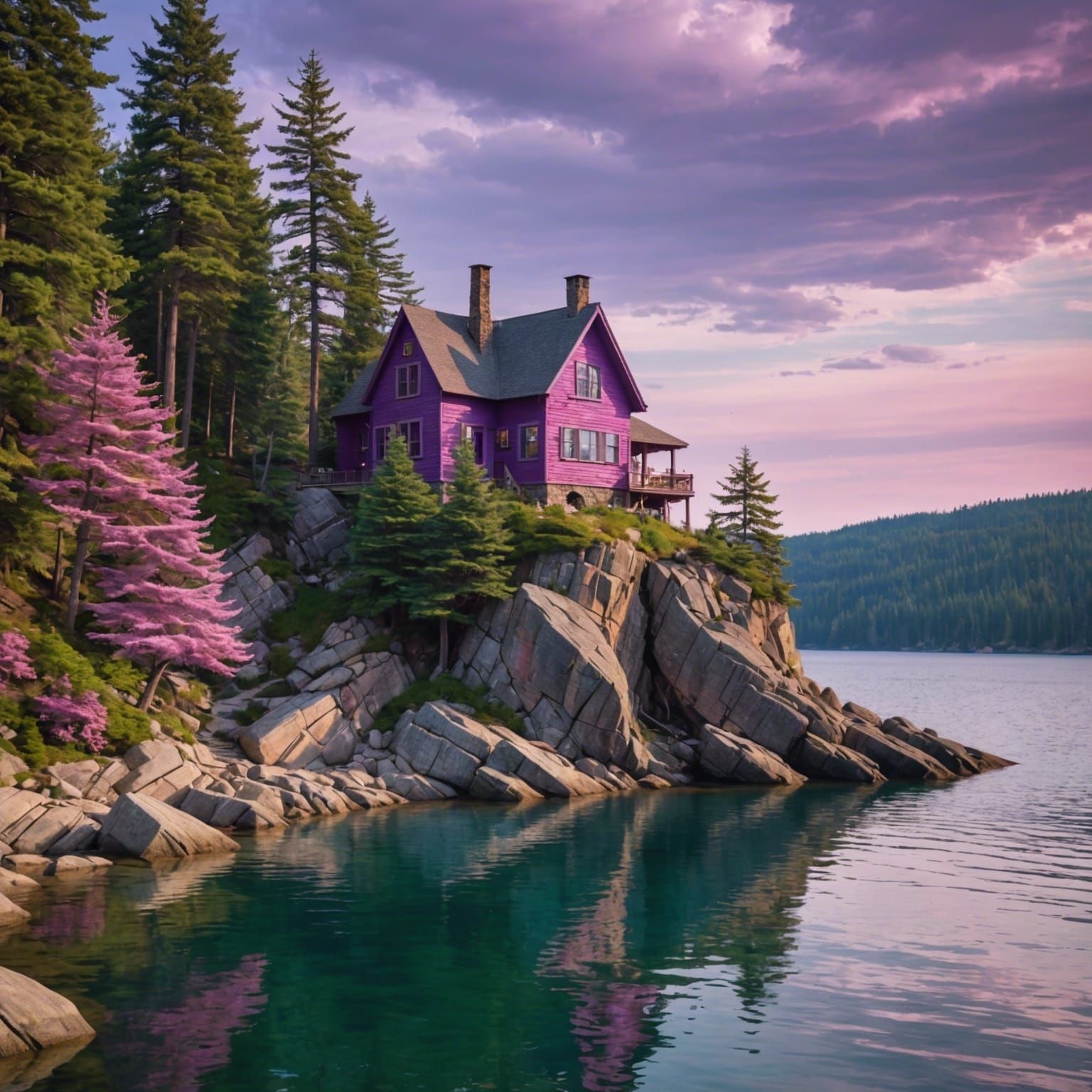 Whimsical House on Rocky Outcrop at Sunset