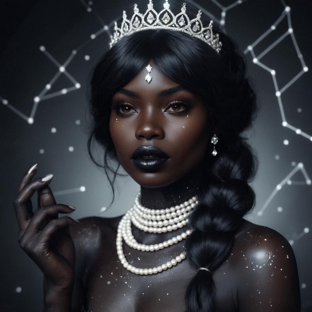 A Contemplative Black Queen Adorned with Intricate Crown and...