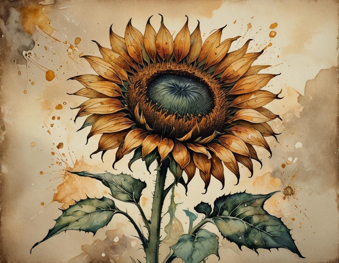 Watercolor Sunflower with Copper Threads on Vintage Paper