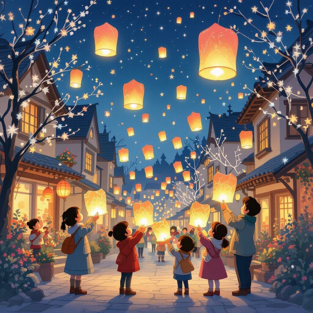 Joyful Lantern Release in City at Night