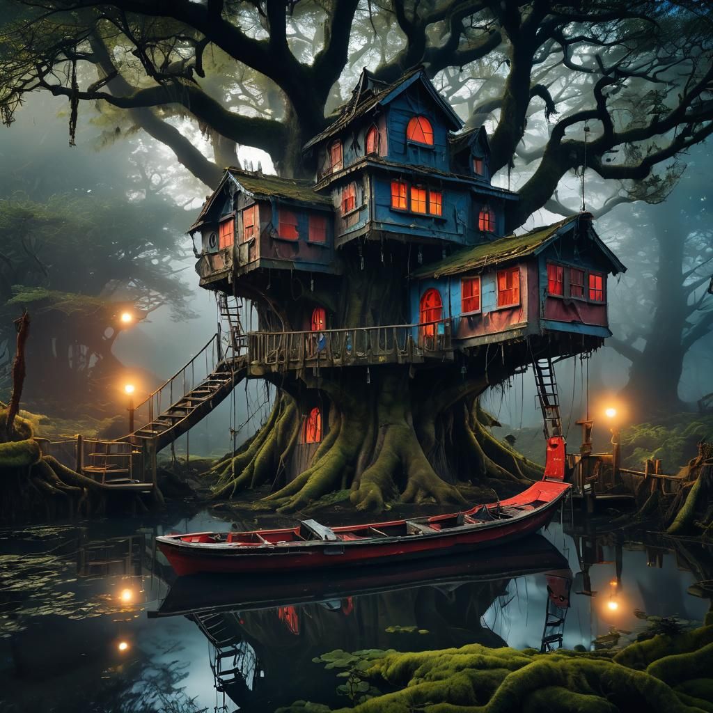 Haunted Steampunk Treehouse Made of Old Boats