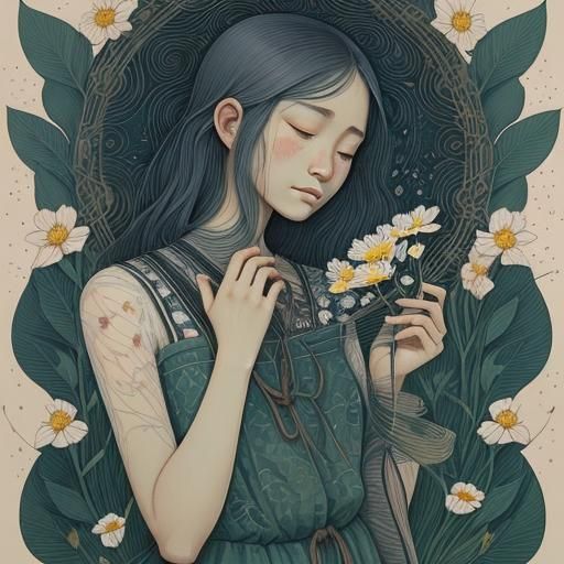 Girl with Blooming Flowers in Ethereal Style