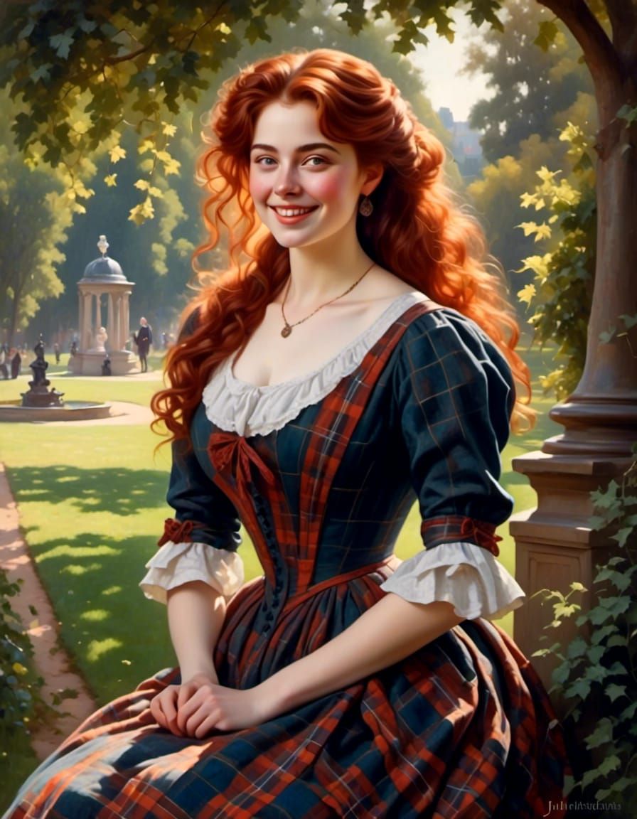 Victorian Woman Portrait in Park, Joyful and Smiling