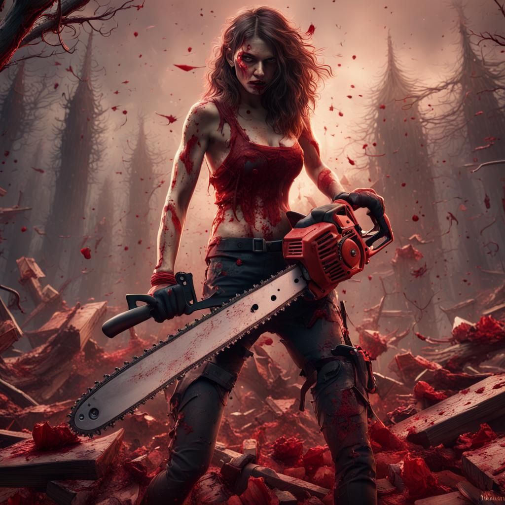 Disturbing Image of Chainsaw Attack, Matte Painting Style