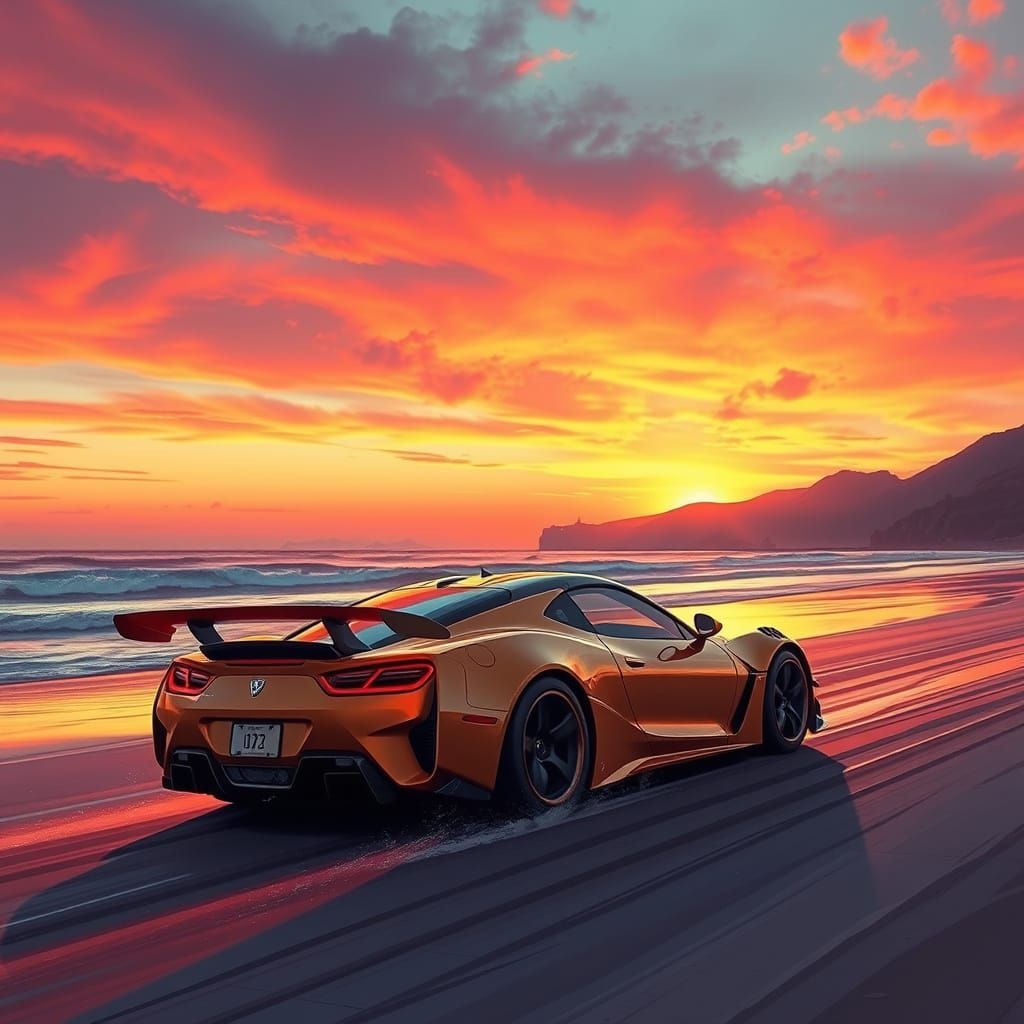 Futuristic Sports Car on Beach at Sunset