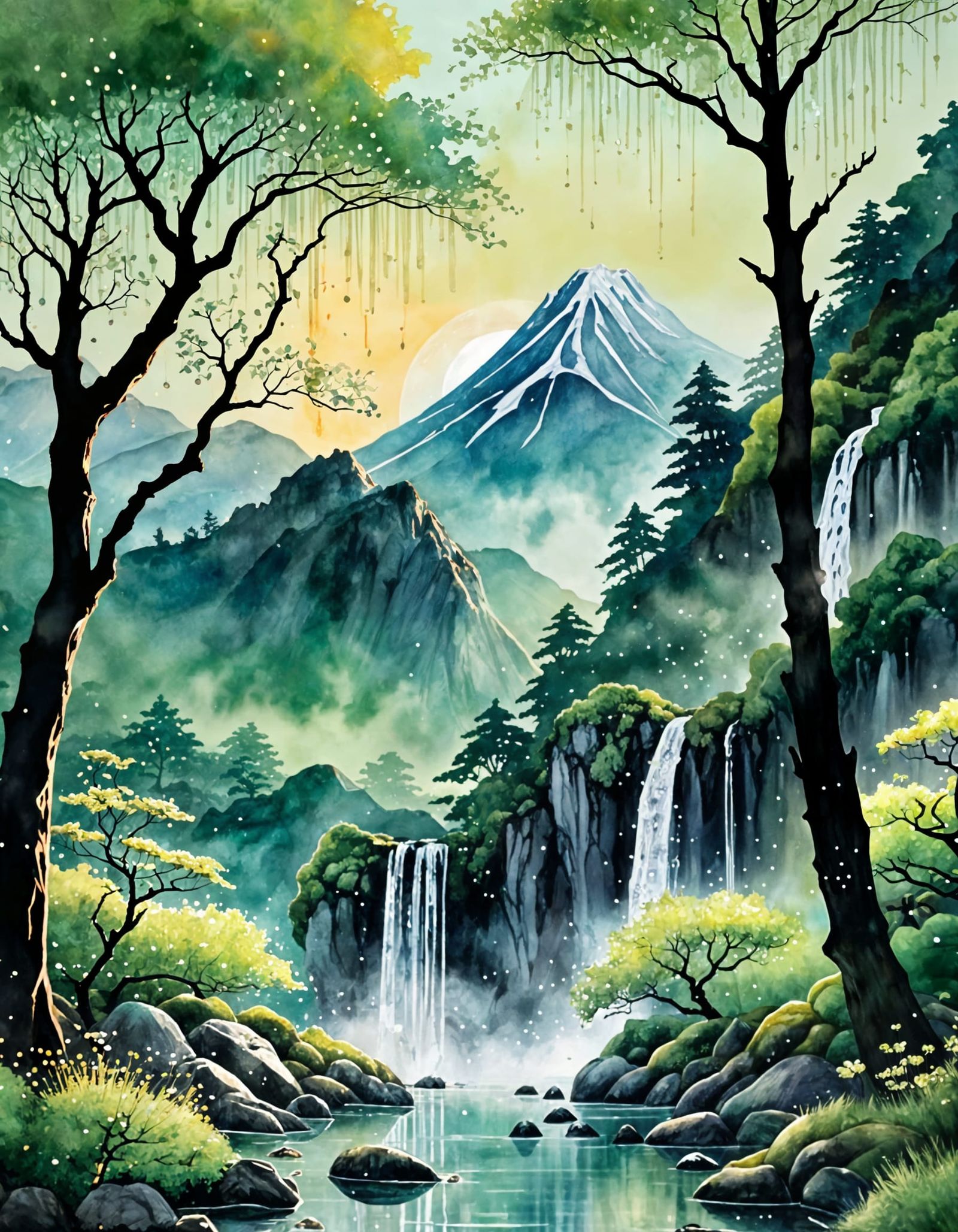 Serene Mountain Sunrise in Watercolour