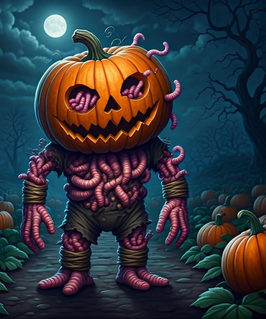 Surreal Cartoon Pumpkin Zombie in a Patch