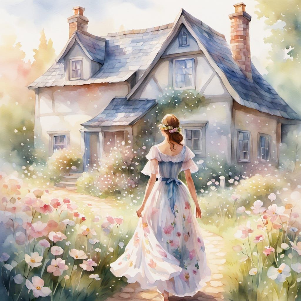 Whimsical Watercolor Cottage Scene with Blooming Garden