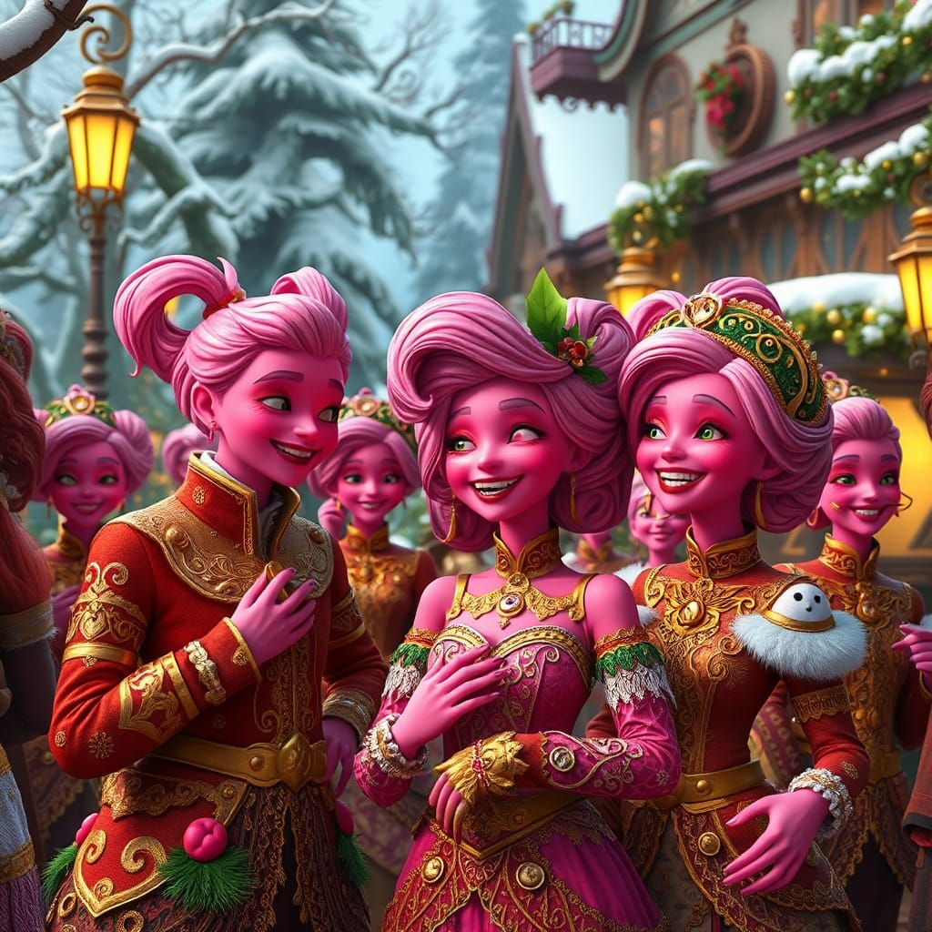 Pink Christmas Celebration in Whimsical Anime Style
