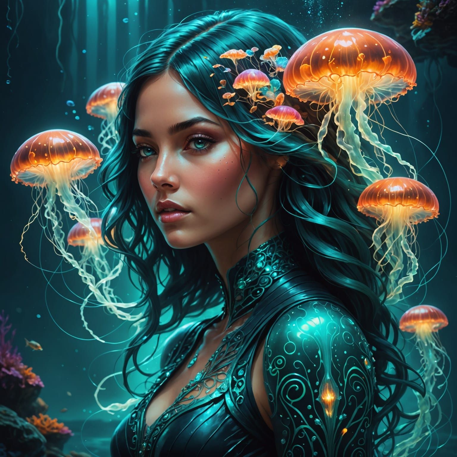 Mysterious Woman with Bioluminescent Hair in an Ethereal Aqu...