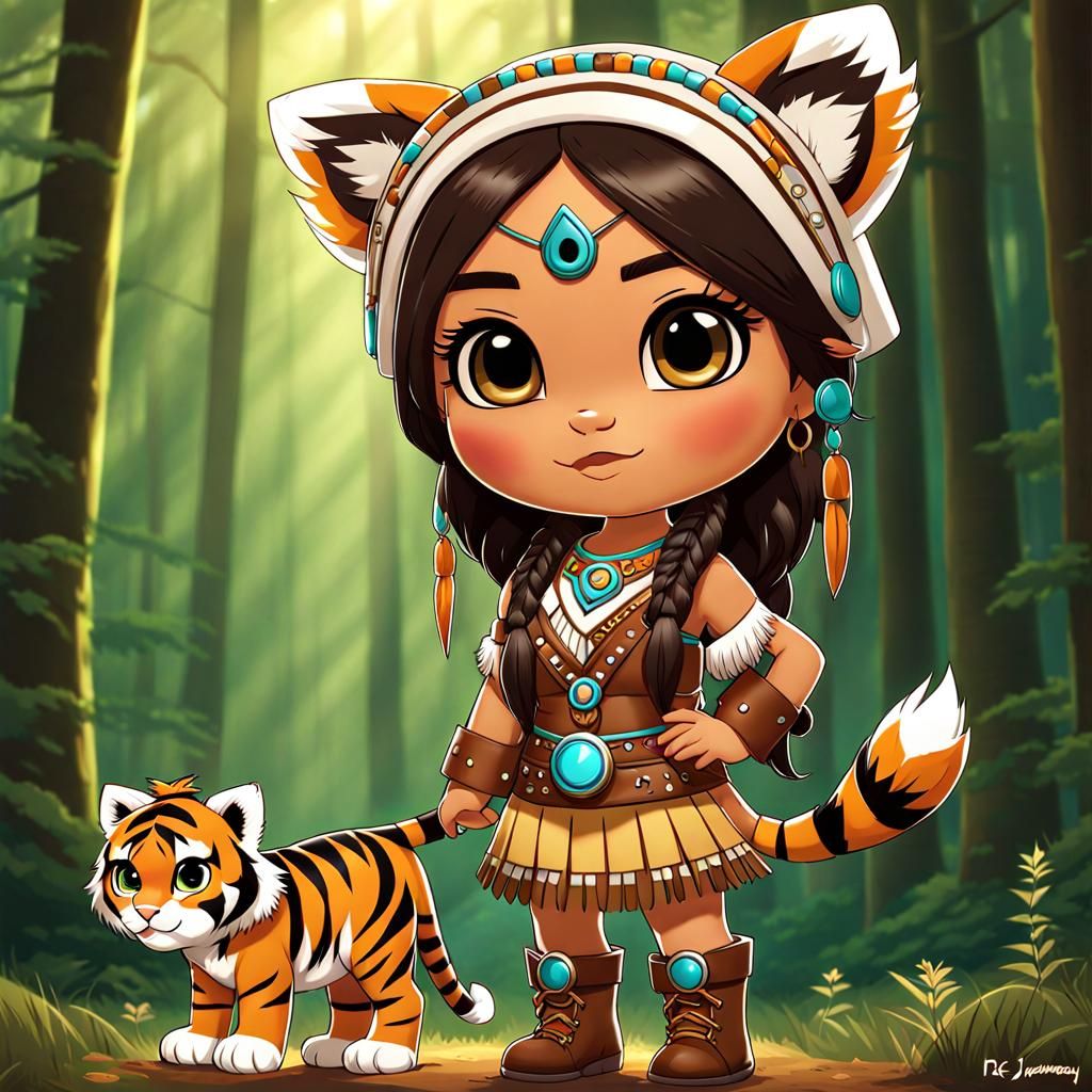 Chibi Native American Girl with Tiger in Pixar Style