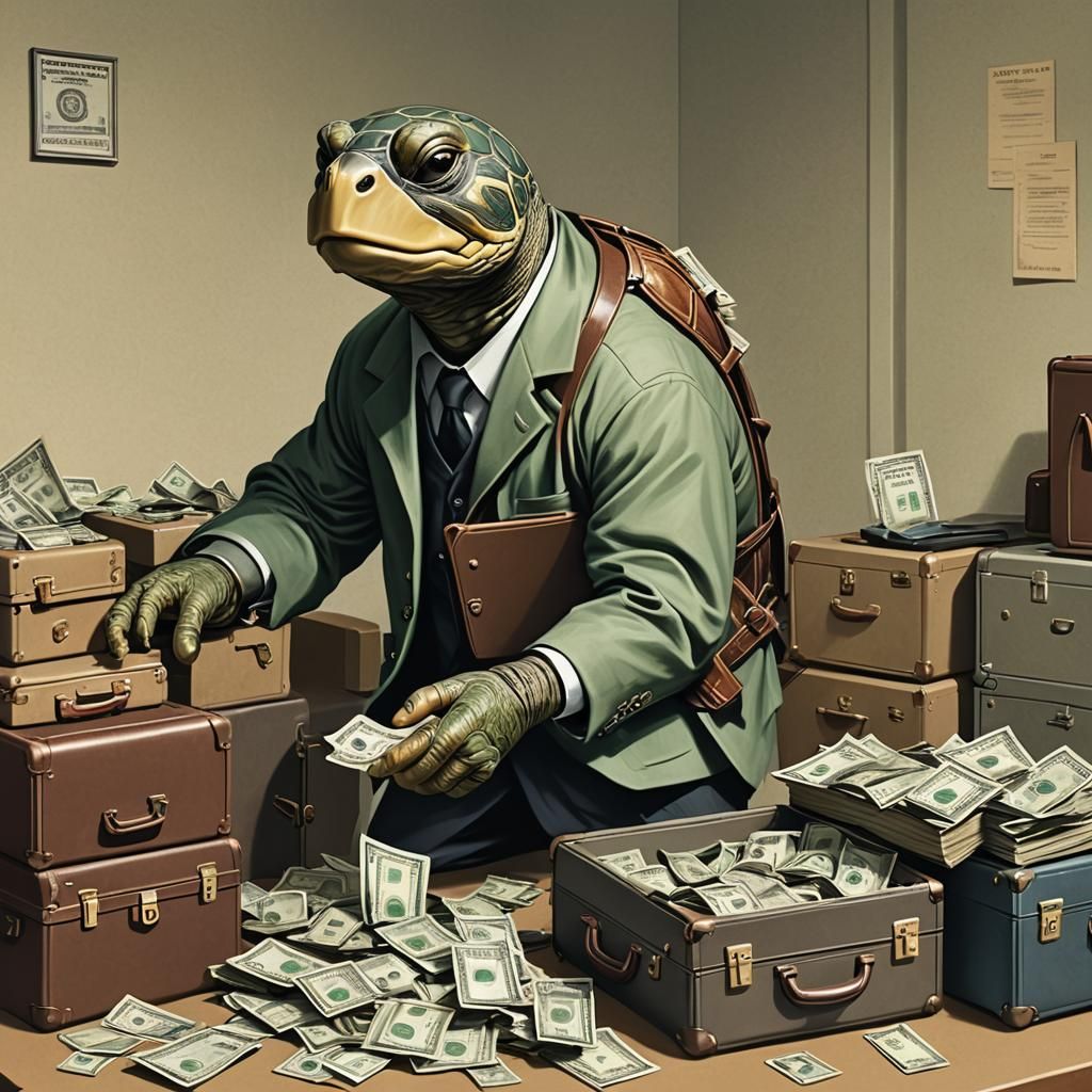 A turtle bank teller secretly robbing a bank and making off ...