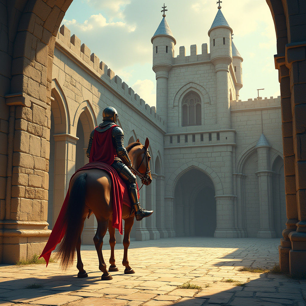 Knight Mounting Steed in Castle Courtyard