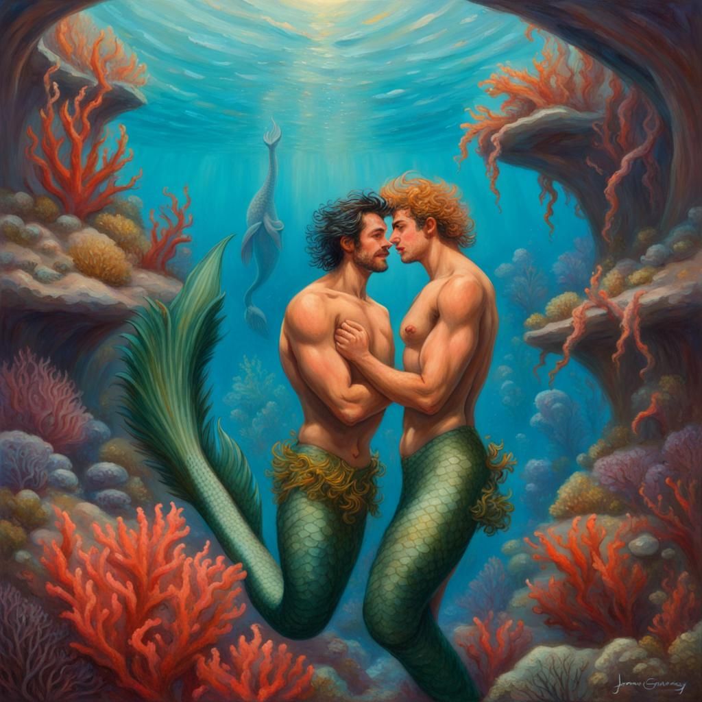Gay Merman Couple in Love, Oil Painting