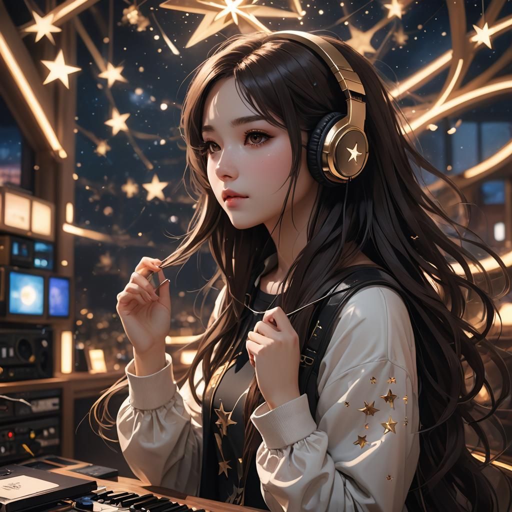 Anime Girl Listening to Music in Star Room