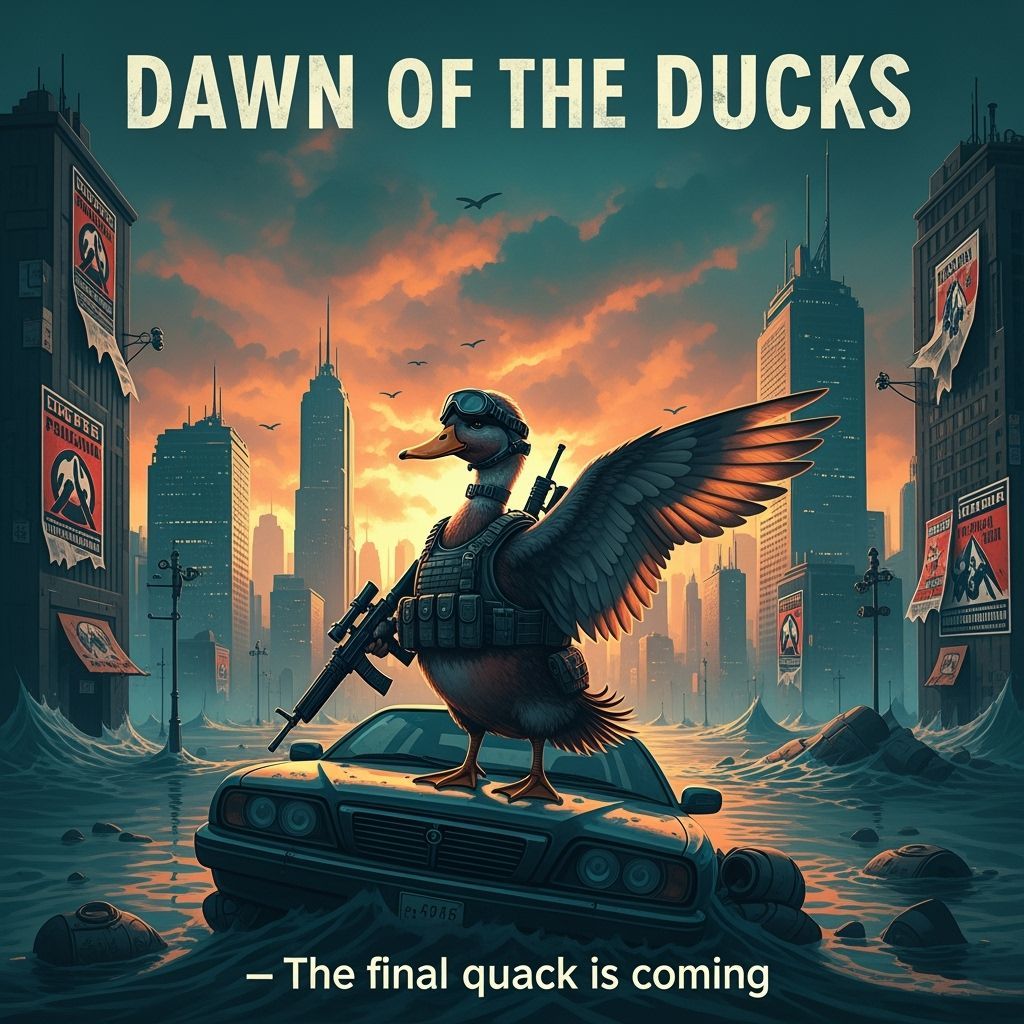 Apocalyptic Duck Commander in Burning Cityscape