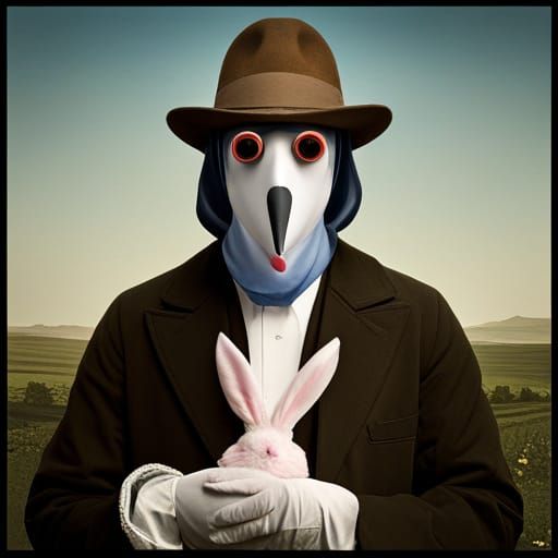 A Plague Doctor holding the Easter Bunny