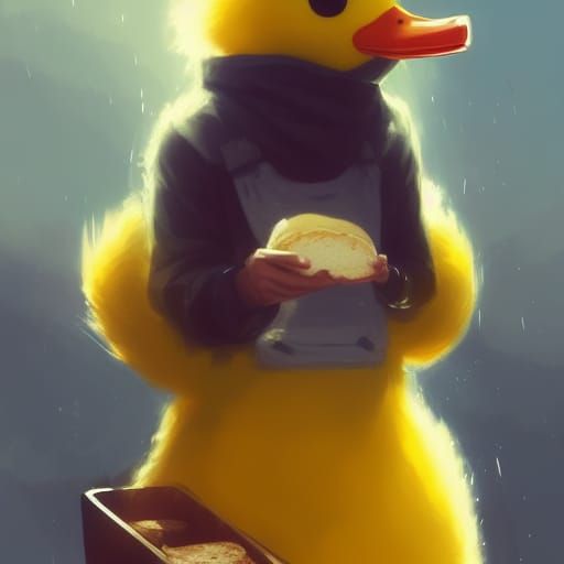 Cute Duck Eating Bread, Anime Style