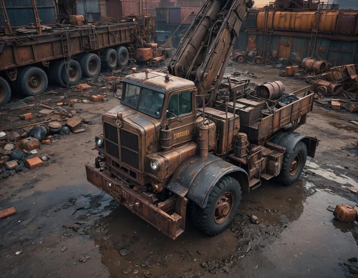 Dieselpunk Wrecking Truck at Industrial Port with Crane