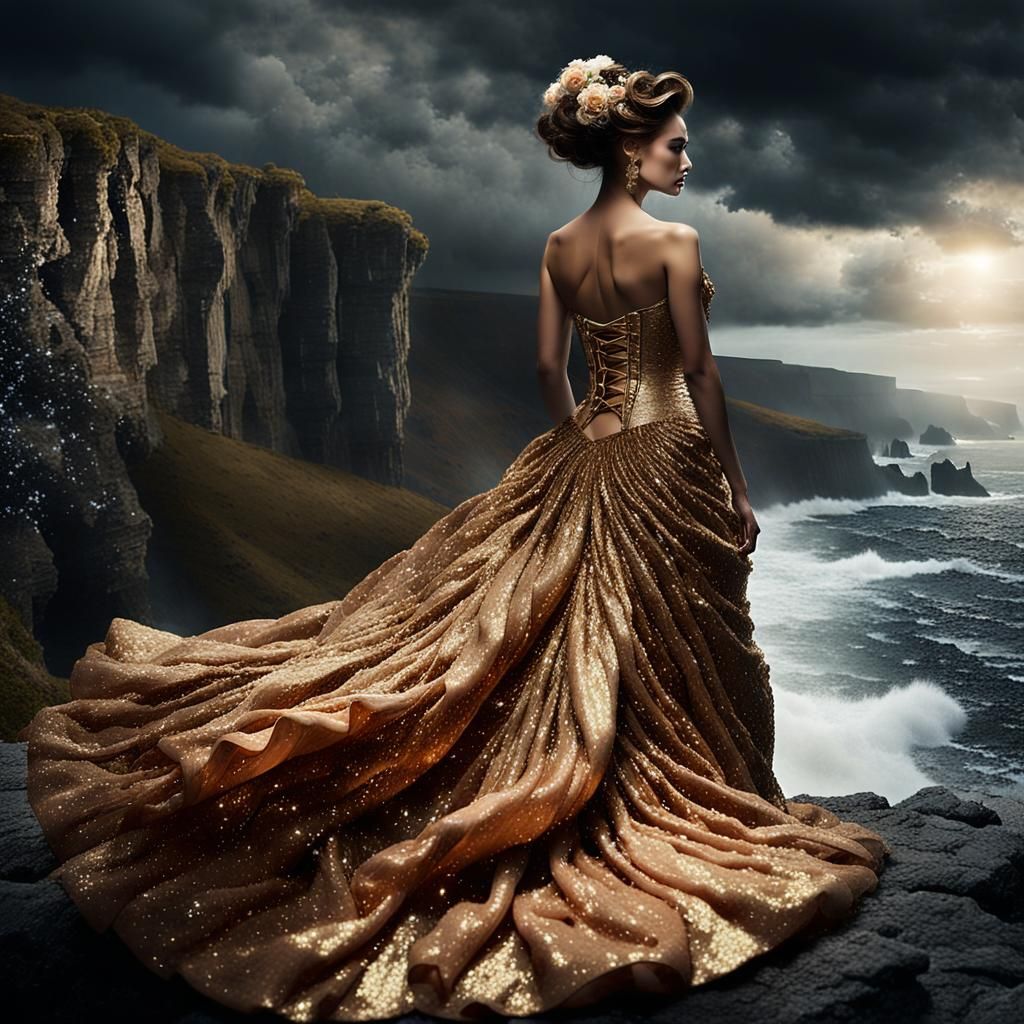 Woman in Gold Gown Before Approaching Storm