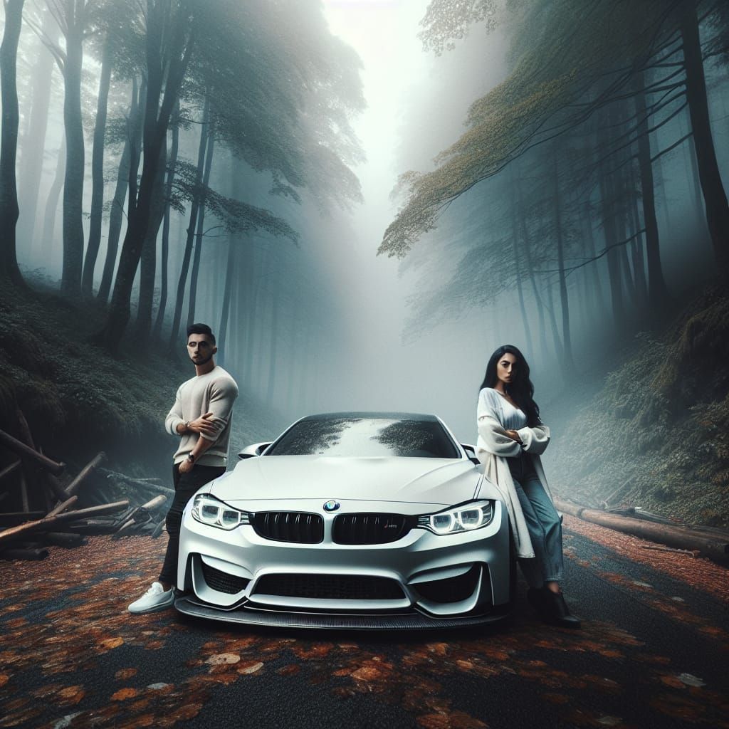 White BMW M4 in Foggy Forest: Cinematic Film Still