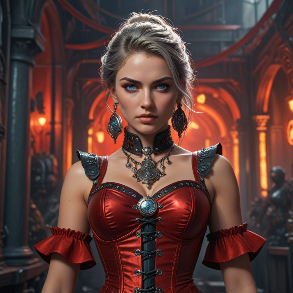 Steampunk Warrior in Crimson Dress, Hyper-Realistic Art
