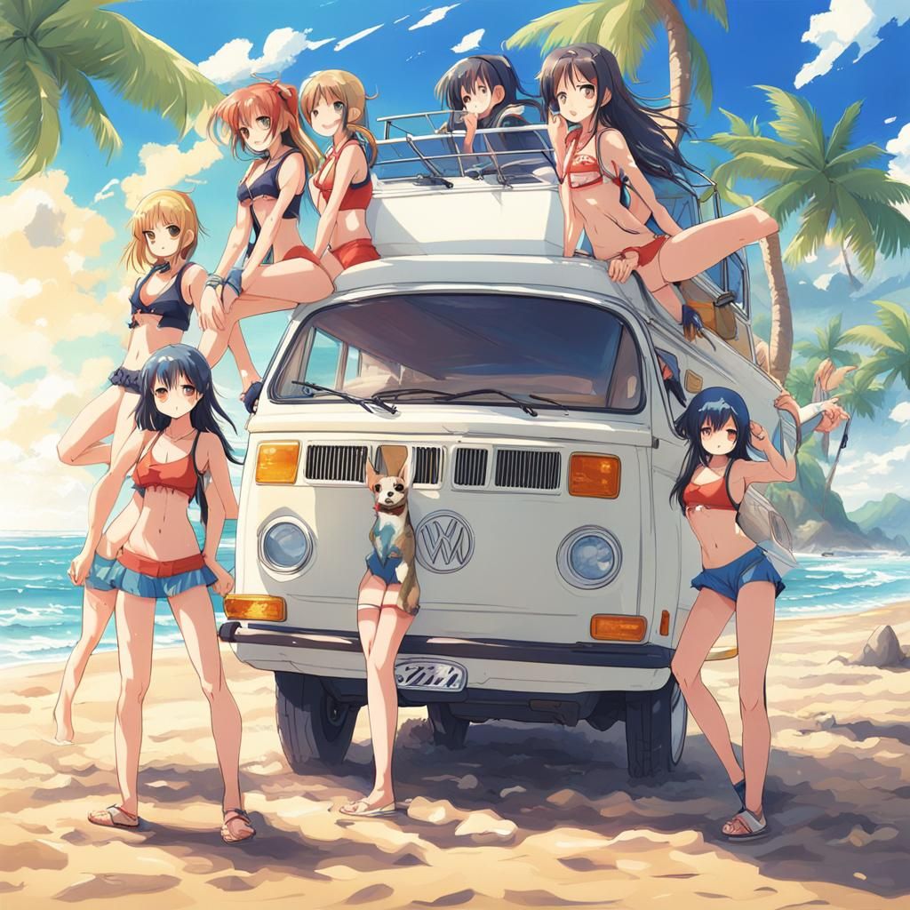 Anime Girls on Beach with Van in Manga Style
