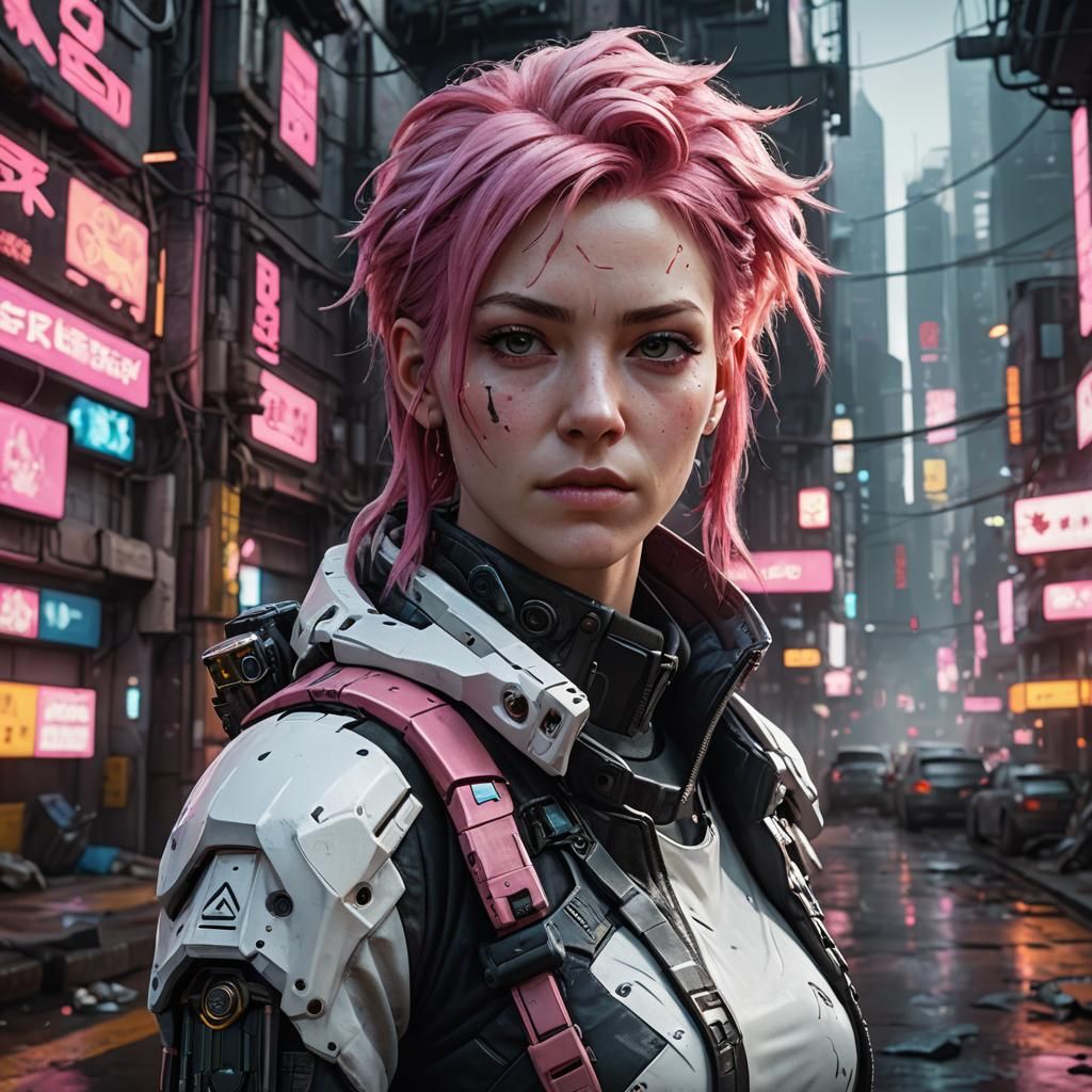 Pink-Haired Woman in Cyberpunk Style, Digital Art