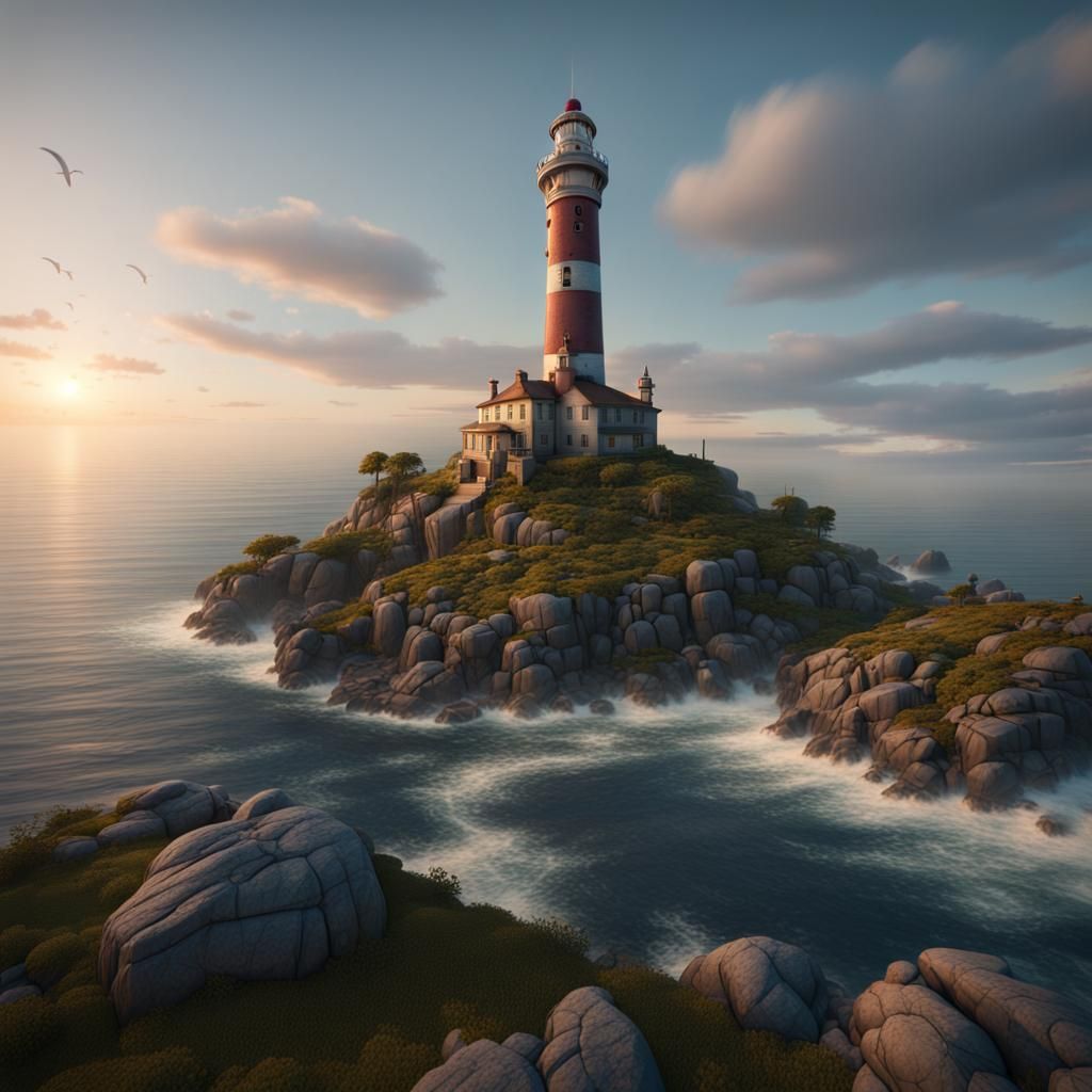 Boxy Lighthouse on Rocky Shores at Dusk